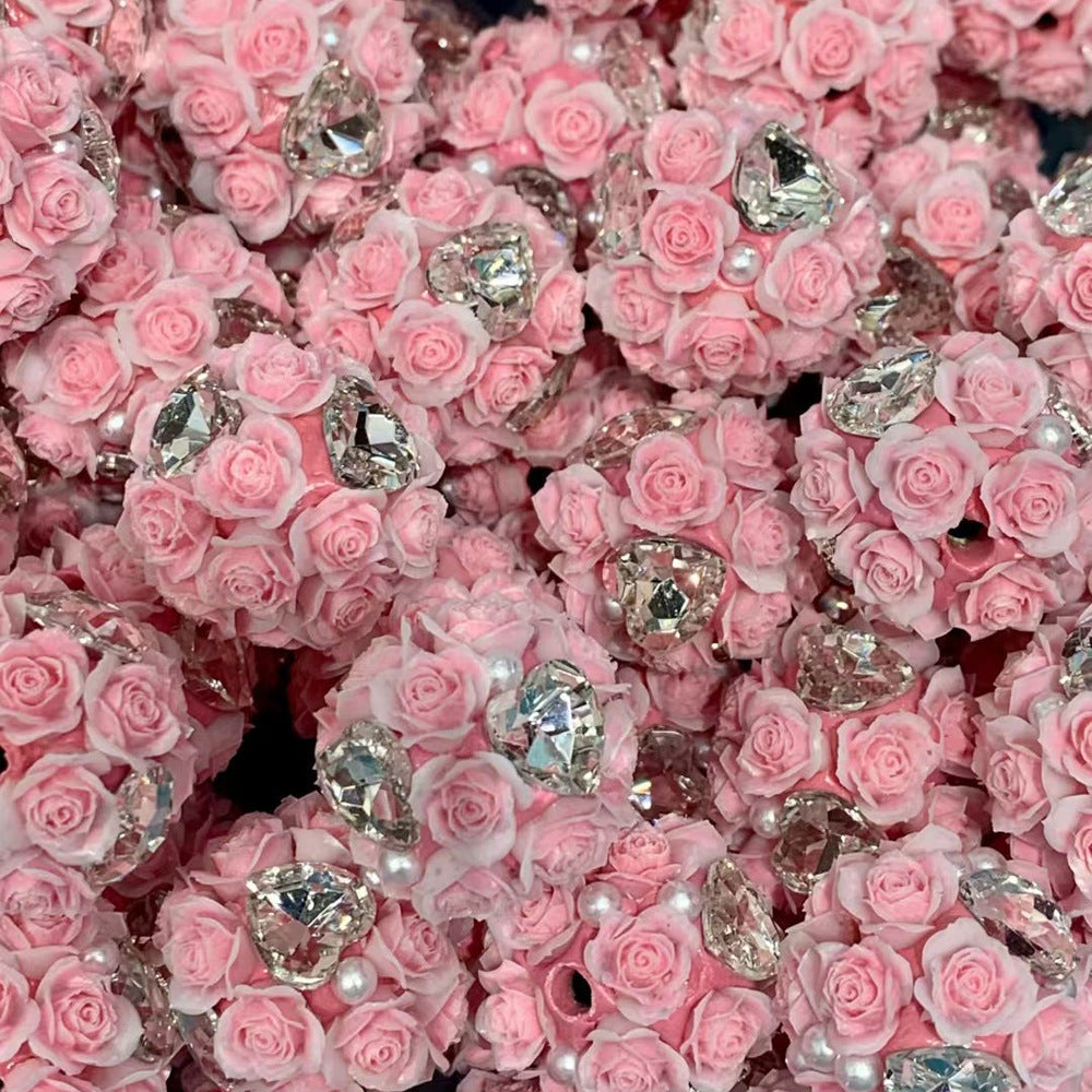 Wholesale  10pcs/pack Luminous four-sided love zircon rose ball can wear straight hole beads DIY mobile phone chain key chain bag chain accessories